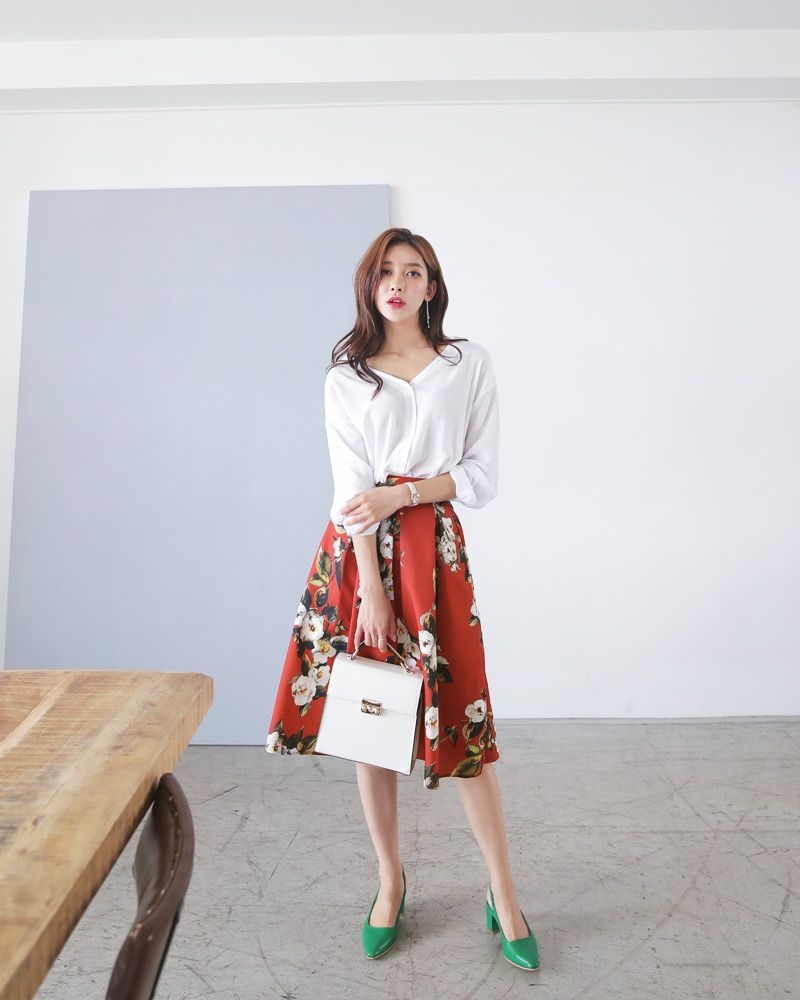 korean fashion floral flare skirt