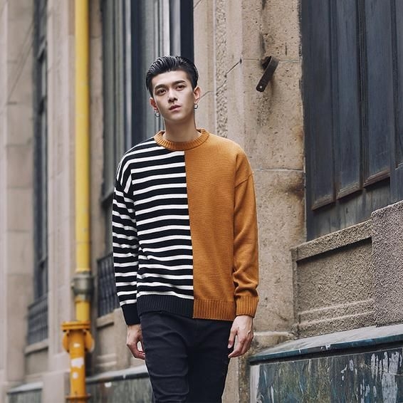 patchwork stripe and solid drop shoulder men korean style