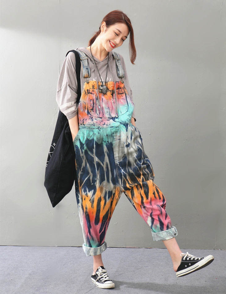 street fashion color print denim overalls front pockets harem jumpsuits
