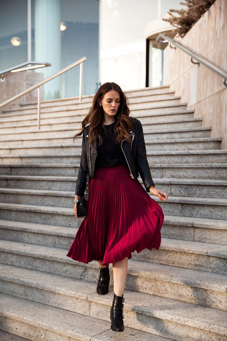 Black Leather Jacket with Red Pleated Skirt Outfit