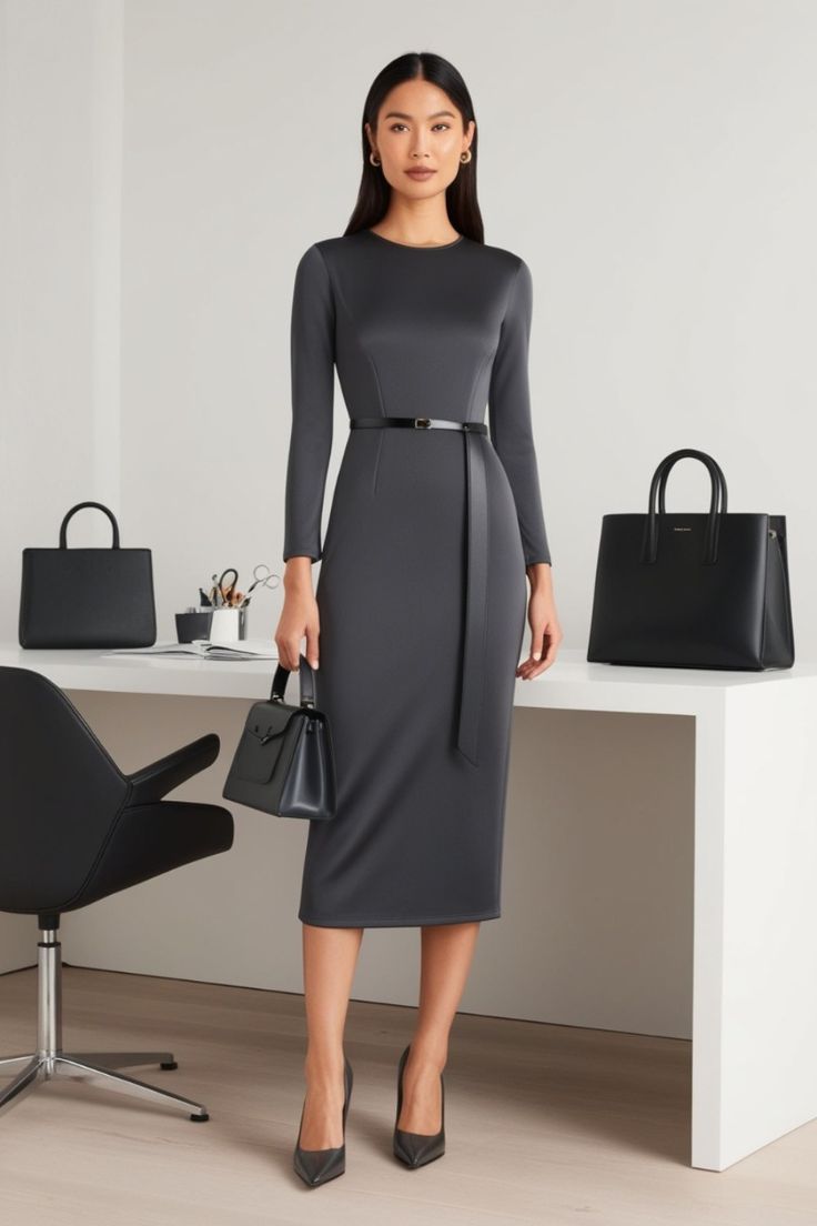 Chic Charcoal Grey Business Dress