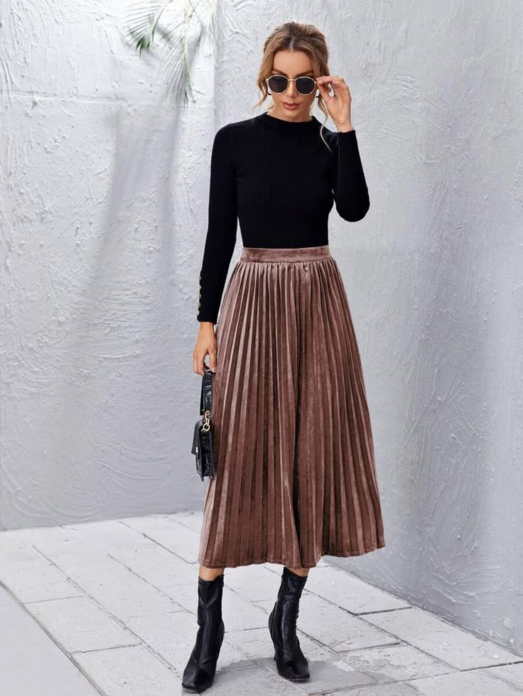 High Waist Velvet Pleated Skirt