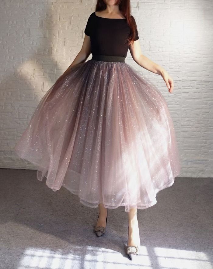 Rose Pink Sparkle Long Tulle Skirt Outfit Plus Size Tulle Maxi Skirt Sequin Tulle Party Skirt Holiday Outfit from Dressromantic Fashion