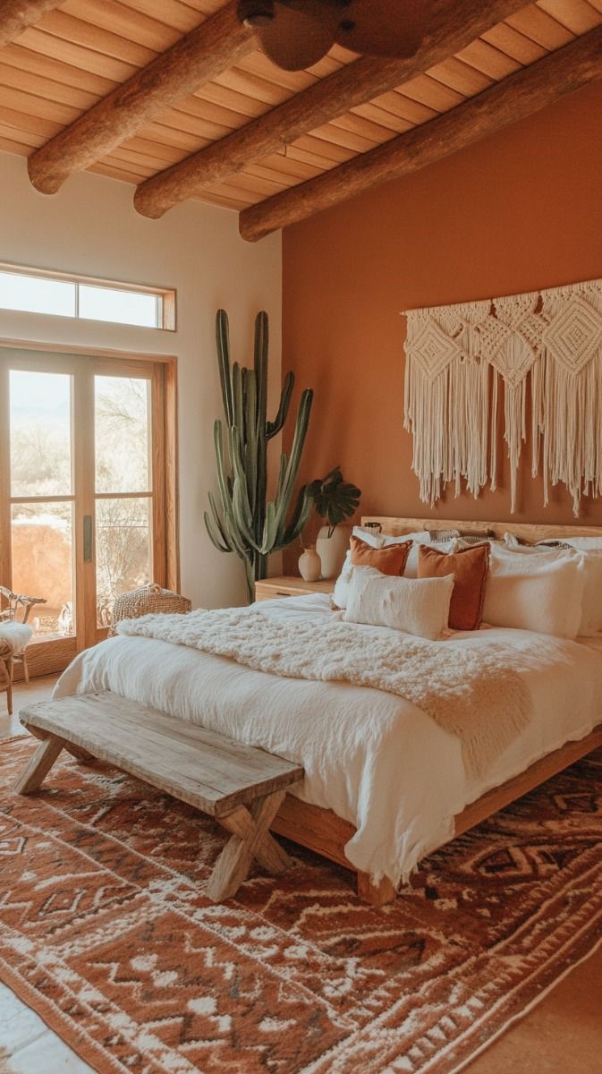A desert chic bedroom with warm terracotta tones A desert chic bedroom with warm terracotta tones