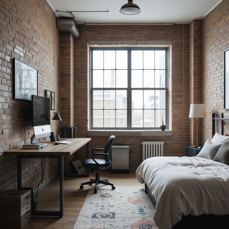 Exposed Brick Bedroom Office for Couples Exposed Brick Bedroom Office for Couples