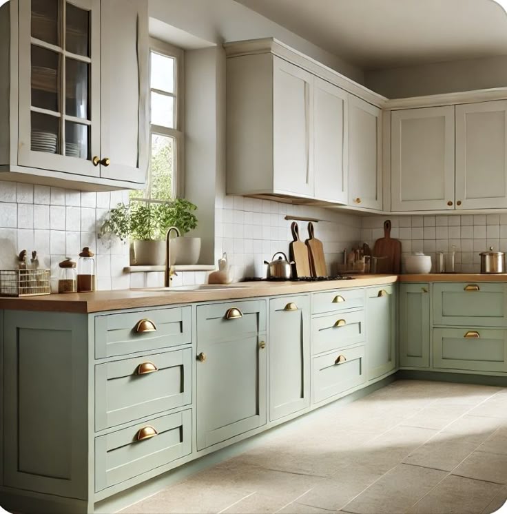 Sage green and white kitchen with wooden worktops and brass fittings Sage green and white kitchen with wooden worktops and brass fittings