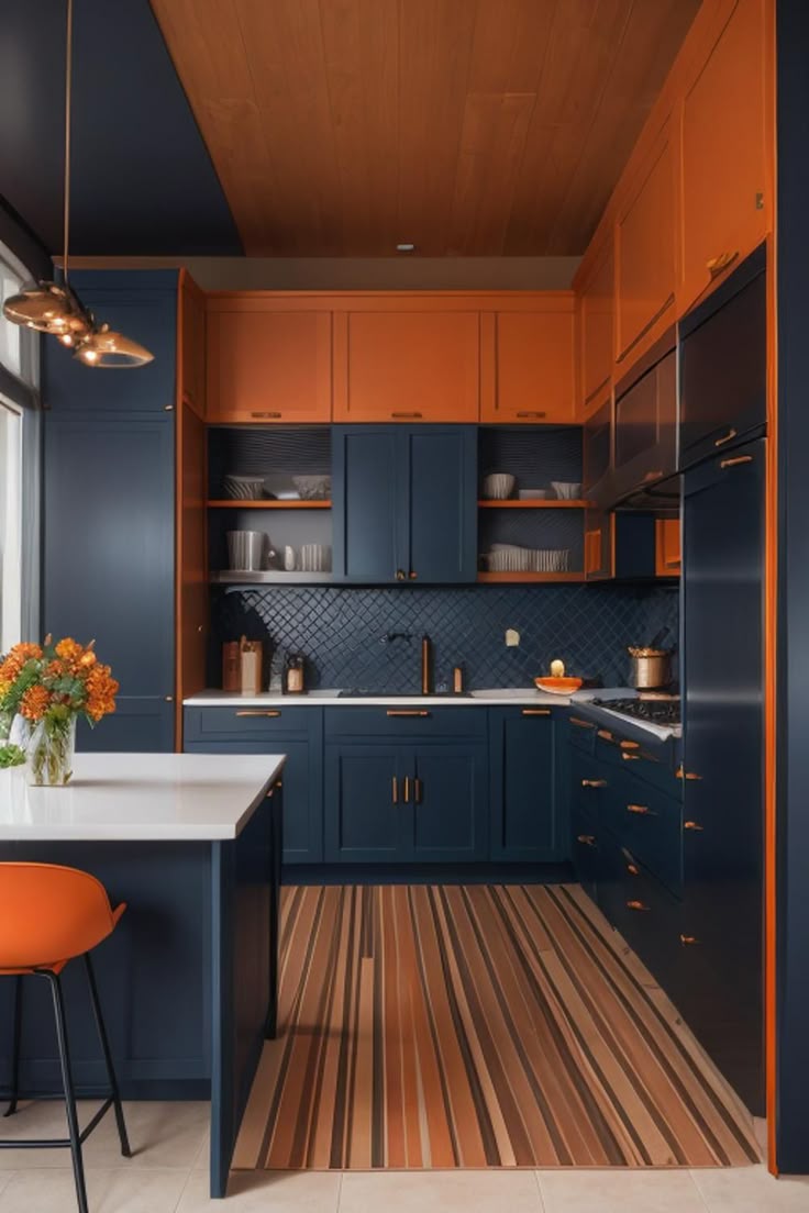 Vibrant Kitchen Design Blue Cabinets, Orange Floors, Teal Accents Vibrant Kitchen Design Blue Cabinets, Orange Floors, Teal Accents